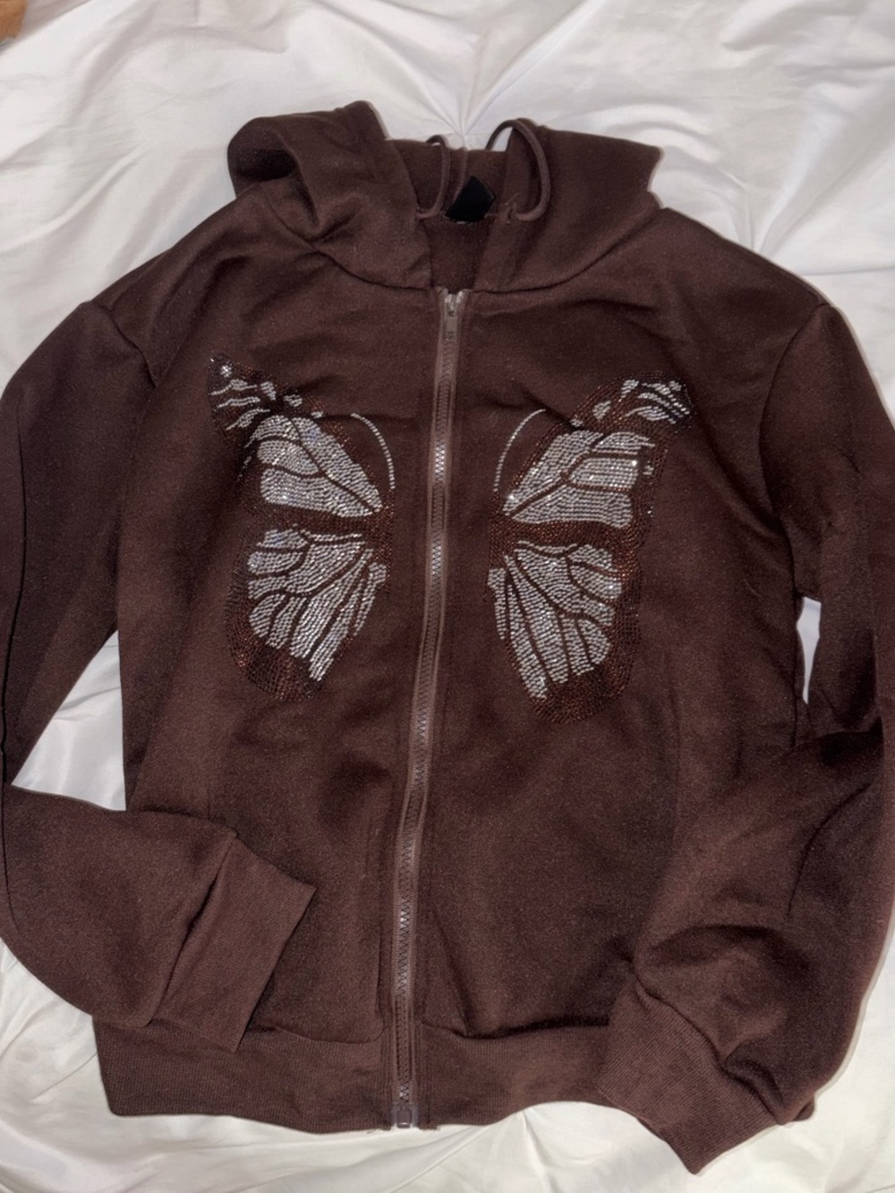 SHEIN Chocolate Brown Zip Hoodie with Rhinestone Butterfly